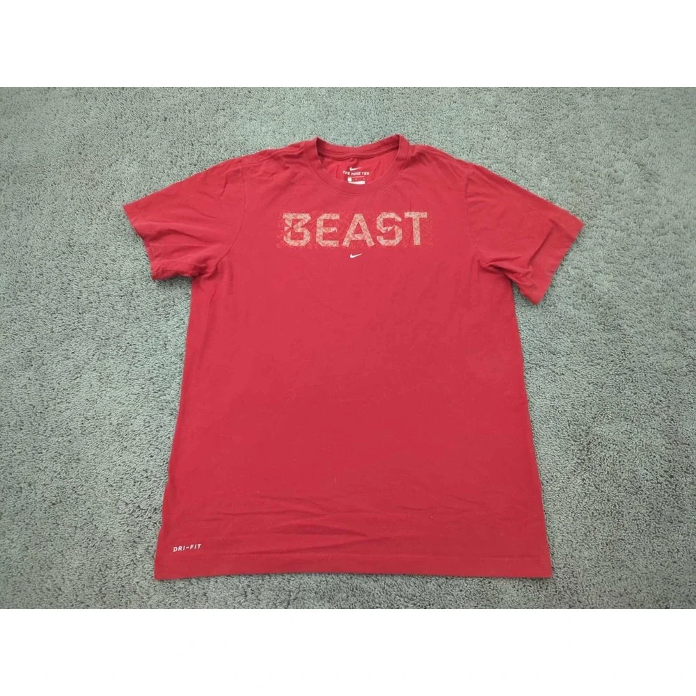 The Nike Tee T Shirt  Mens Large Red Dri-Fit BEAST Swoosh‎ Athletic Performance